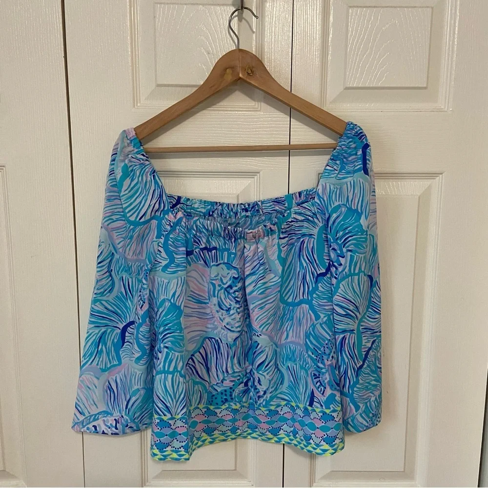 Lilly Pulitzer NWT Lizzie Bermuda Blue Fishful Thinking Blue Lilac Blouse Top M - Picture 4 of 10